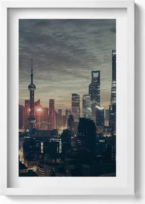 Produktbild von Panorama von Shanghai bei Nacht– Wandbild mit Rahmen – Gerahmtes Bild  – Wanddekoration – 40x60 cm – Weiß