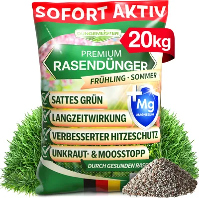 Produktbild von DÜNGEMEISTER Rasendünger für Ihren sattgrünsten Traumrasen - gesunder, dichter und sattgrüner Rasen sofort mit revolutionärer KI Formel - Langzeit NPK/Organisch Frühjahr/Sommer (20 kg)