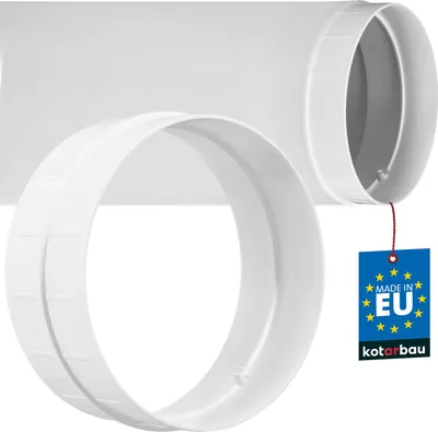 A white ventilation pipe connector and a separate ring connector are shown against a white background. A blue tag with 'MADE IN EU' and the brand 'kotarbau' is attached to the pipe.