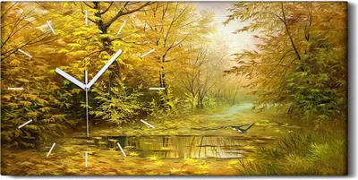 Produktbild von Küchenuhr Bürouhr Leinwand Uhr 60x30 Gemälde Wald Bäume Fluss Herbst Natur - weiße Hände