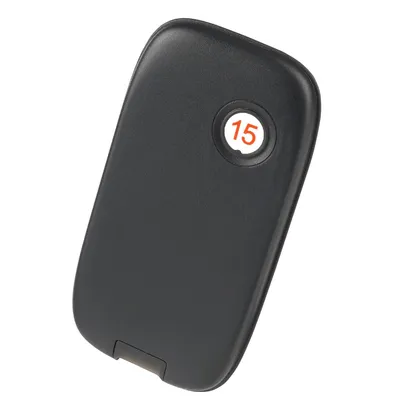 A black pager with a circular white label containing the number 15 in orange.
