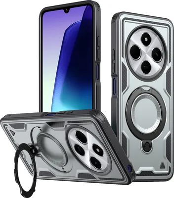 Obrázek produktu pro Dvouvrstvé pouzdro pro Xiaomi Redmi 14C, magnetické vojenské ochranné pouzdro s kovovým kroužkem a stojánkem Šedá