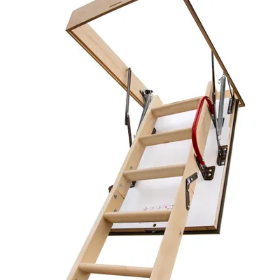 A wooden attic ladder is extended from an opening in the ceiling.