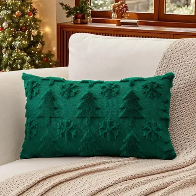 Produktbild von Kissenbezug Wolle Plüsch Wollsamt Weihnachtsbaum Schneeflocke Grün 30x50cm 1 Stück