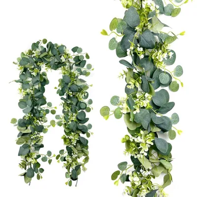 Productafbeelding van Kunstbloemengordijn met eucalyptus en witte bloemen, 2 stuks, 180 cm