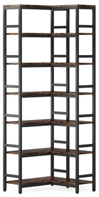 Image de Bibliothèque d'angle de style industriel - Étagère à 7 niveaux - Hauteur : 200 cm - Structure métallique avec panneaux de particules - Salon/bureau - Marron