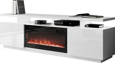 Produktbild von Mirjan24 TV-Lowboard Eva mit Kamin, RTV-Schrank vom Hersteller, TV-Möbel, Stilvoll Wohnzimmer (Weiß / Weiß Hochglanz, mit Kamin Schwarz, ohne Beleuchtung)