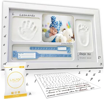 Image de Cadre 7-en-1 pour empreintes de mains et de pieds de bébé, avec espace pour le nom et un support pour objets