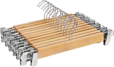 Produktbild von Holzkleiderbügel, Hosenbügel, 12er-Set mit Metallclips, ideal für Röcke und Hosen, Metall mit natürlicher Maserung