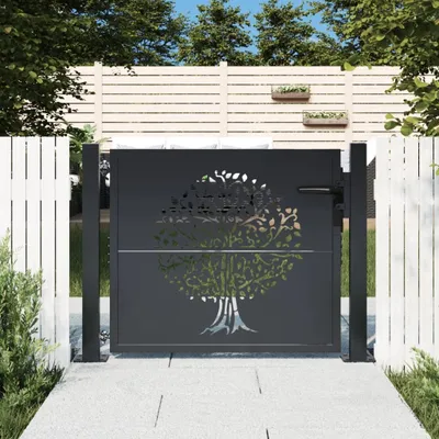 A modern garden gate with a tree design, set in a well-maintained garden with white fences and greenery.