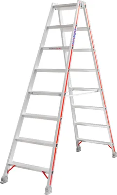 Produktbild von Hymer Stufenstehleiter, beidseitig begehbar, 2x8 Stufen, senkr. Höhe 1,84 m, Reichhöhe 3,34 m, Gewicht 8,8 kg