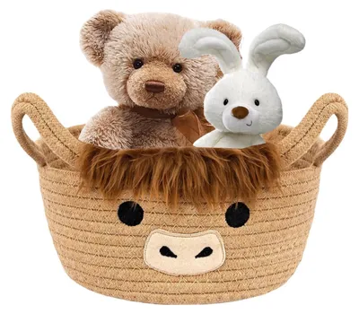 Image de Panier orné d'un motif représentant des bovins des Highlands écossais, panier en coton tissé à la main avec anses, panier cadeau, panier à linge pour chambre d'enfant, panier tressé pour serviettes, chambre à coucher, jouets (kaki/21 × 21 × 12 cm)