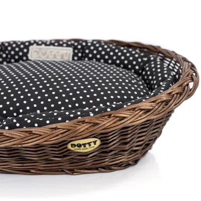 Produktbild von Handgebeizter brauner Weidenkorb Wikikorb mit Baumwoll-Hundebett Schwarz mit weißen Punkten Polka Dots, Waschbar & Weich DOTTY