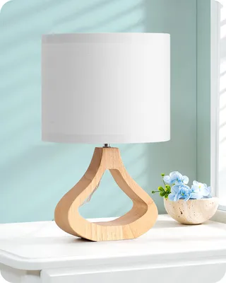 Zdjęcie produktu dla Drewniana lampka nocna EDISHINE, lampa stołowa z lnianym abażurem, biała
