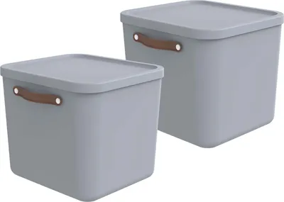 Two grey storage boxes with brown handles are shown against a white background.