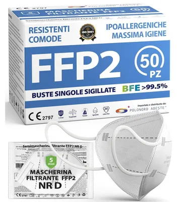 Productafbeelding van Gezichtsmasker Ffp2 mondmasker - 50 stuks - Wit - CE-gecertificeerd - Hypoallergeen