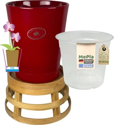 Produktbild von MePla - Set - Orchideenkübel Merina ø14 Bordeaux + Pflanztopf  ø12 + Bamus-Topfständer