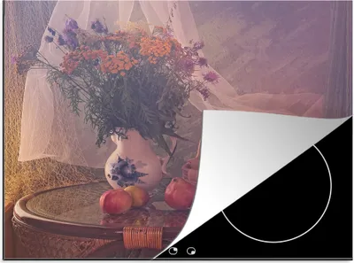 Produktbild von KitchenYeah© Herdabdeckplatte Stilleben - Malerei - Vase mit Blumen - Obst - Apfel - Kunst , 59x52cm, Küche Deko, Glaskeramikkochfeld Herdabdeckung, Abdeckplatte fùr Kochfeld
