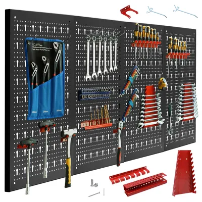 Produktbild von CCLIFE Werkzeugwand Lochwand Metall Werkzeuglochwand Vier Teile 160 x 60 x 2 cm Erweiterbar Inkl. 52-Teiligem Zubehör Wandregal Werkzeugaufbewahrung