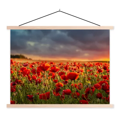 Produktbild von MuchoWow® Textilposter Sonnenuntergang - Mohnblumen - Rot - Blumen - Feld - Natur 60x45 cm mit holzfarbenen Rahmen - Bild