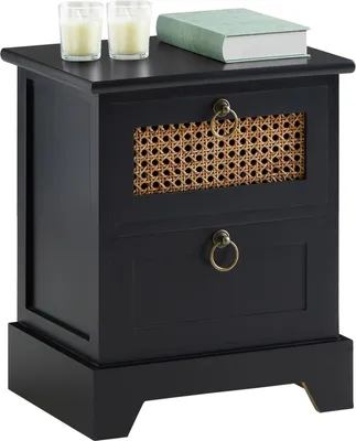 Produktbild von Nachttisch PADMA mit 2 Schubladen, Nachtkommode aus Paulownia Holz und Wiener Geflecht, Nachtschrank im Retro Design, Boho, in schwarz