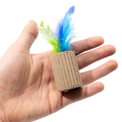 Produktbild von Katzenspielzeug aus Pappe · Kratzpappe mit Federn · ca. 5 x 4 x 4 cm