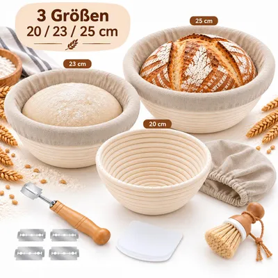 Image de Ensemble de paniers de fermentation, 10 pièces, en rotin naturel. Ensemble de paniers à pain comprenant 3 tailles, des torchons en lin et des accessoires pour la fabrication de pain au levain