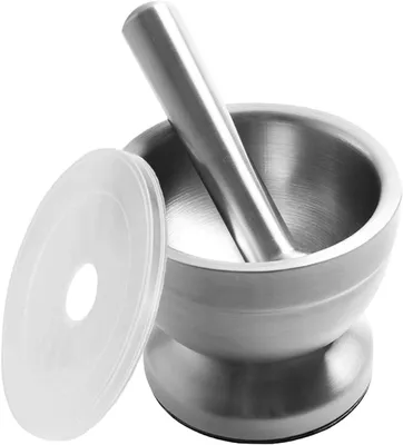 Produktbild von Mörser mit Stößel, aus Edelstahl, mit Deckel, Gewürze, Kräuter, Rutschfester Handmörser