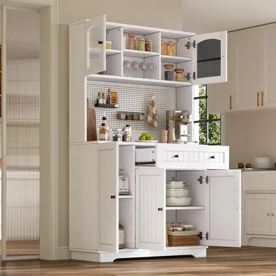 Immagine prodotto di Mobiletto alto da cucina MODFU con vetrina, 103,5 x 40 x 180 cm, mobile da cucina con cassetto e ripiani regolabili, dispensa multifunzionale, bianco
