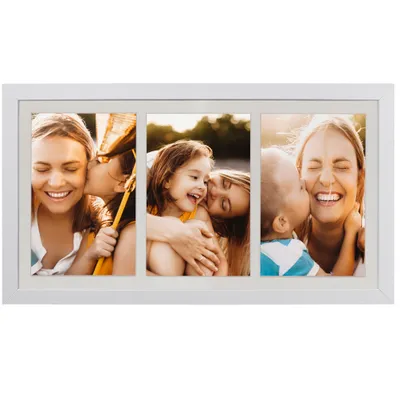 A white multi-photo frame with three images of mothers and children sharing affectionate moments.