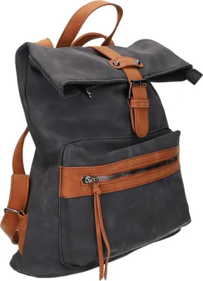 Produktbild von Rucksack aus glattem Kunstleder Schwarz 34x35x10,5 cm mit Reißverschluss und Magnetknopf