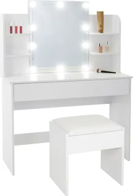 Produktbild von ECD Germany Schminktisch Weiß mit gepolstertem Hocker, Kosmetiktisch mit Spiegel, LED-Beleuchtung, 1 Schublade und 4 Fächern, 108x40x140 cm, aus MDF Holz
