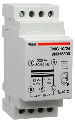 Productafbeelding van VEMER VN315800 TMC 10/24 - Transformator voor montage op din-rail, met een primaire spanning van 230V, een secundaire spanning van 12-24V en een vermogen van 10VA, wit