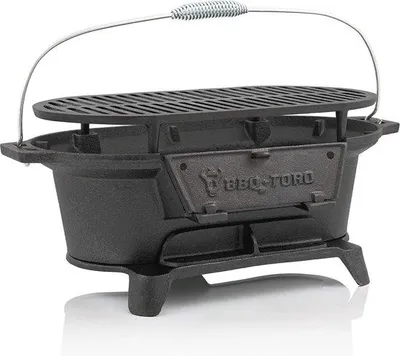 Obrázek produktu pro Litinová grilovací pánev Hibachi Style s grilovacím roštem - přenosný kempingový gril na dřevěné uhlí 50 x 25 x 23 cm