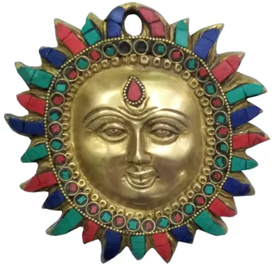 Messing-Wandaufhängung Sonnengott Surya mit Edelsteinen