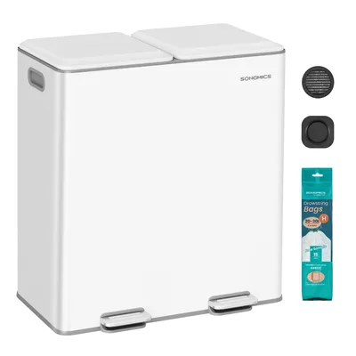Produktbild von Mülleimer Küche, 2 x 30 L, 2 Fächer, Mülltrennsystem, Softclose, herausnehmbare Inneneimer, Pedalen, Stahl, weiß