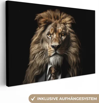 Produktbild von MuchoWow® - Leinwandbilder - Löwe - Porträt - Schwarz - Tier, Wandbild, Wanddeko Bilder Wohnzimmer, 90x60cm