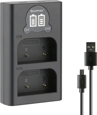 Produktbild von Blumax Dual LCD Ladegerät | für Olympus BLX-1 Laden über USB-C oder Micro-USB