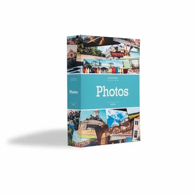 A photo album with a collage of travel photos on the cover, set against a white background.