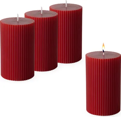 Obrázok produktu pre Sviečka z pravého vosku 10 x 6 cm s ryhovaním sada 4 ks - červená - adventná sviečka bez vône cca 27 hodín horenia