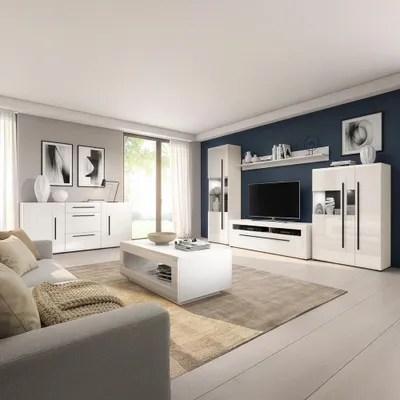 Produktbild von Wohnzimmer Set in Weiß Hochglanz mit Wohnwand & Couchtisch inkl. Beleuchtung, 6-teilig - TURDA-83