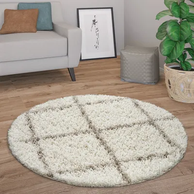 Produktbild von Hochflor Teppich Rund Wohnzimmer Moderner Shaggy Langflor Skandi Rauten Grösse 120 cm Rund