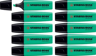 A collection of green highlighter pens with black caps.