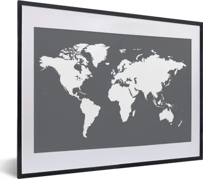 Produktbild von MuchoWow® MuchoWow® Gerahmtes Poster Weltkarte - Weiß - Grau 40x30 cm - Poster mit zchwarzem Bilderrahmen - Bilderrahmen - Poster im Rahmen