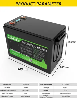 Obrázok produktu pre Batéria LiFePO4 – 12 V, 200 Ah – lítiová batéria s hlbokým cyklom – integrovaný systém riadenia batérie (BMS) 20 A – LCD displej – pre karavany, lode a solárne systémy