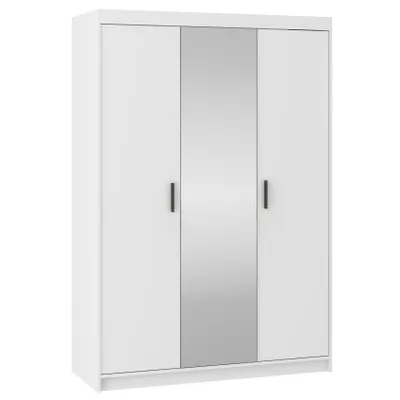 Produktbild von Drehtürenschrank ELENA 3D Weiß mit schwarze Griffe - Kleiderschrank 130 cm mit Spiegel und glatten 3 Türen