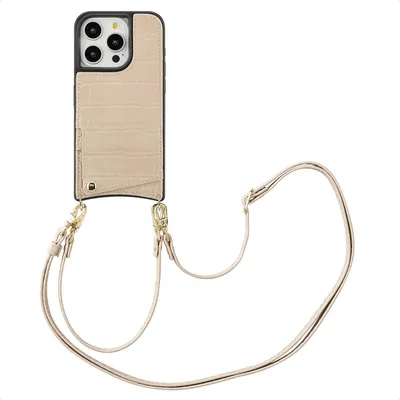 Zdjęcie produktu dla Etui na telefon Selencia Nova Croco ze sznurkiem i uchwytem na kartę do Apple iPhone 15 Pro - beżowe