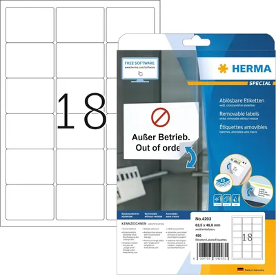 Obrázek produktu pro HERMA 4203, Bílá, Samolepicí štítek, A4, Papír, Laserová/inkoustová tiskárna, Vyjímatelná