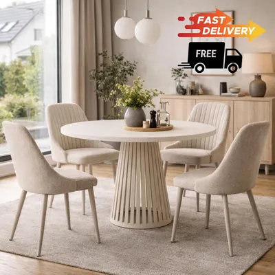 Produktbild von Runder Esstisch Viero – Weißer Tisch mit kaschmirfarbigem Metallgestell, Ø75