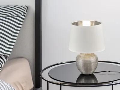 Produktbild von Keramik Tischleuchte LUXOR 26cm, Stofflampenschirm Weiß/Silber Ø18cm